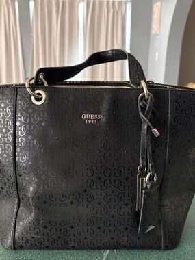 Guess Black Logo Shoulder Tote with Gold Accents